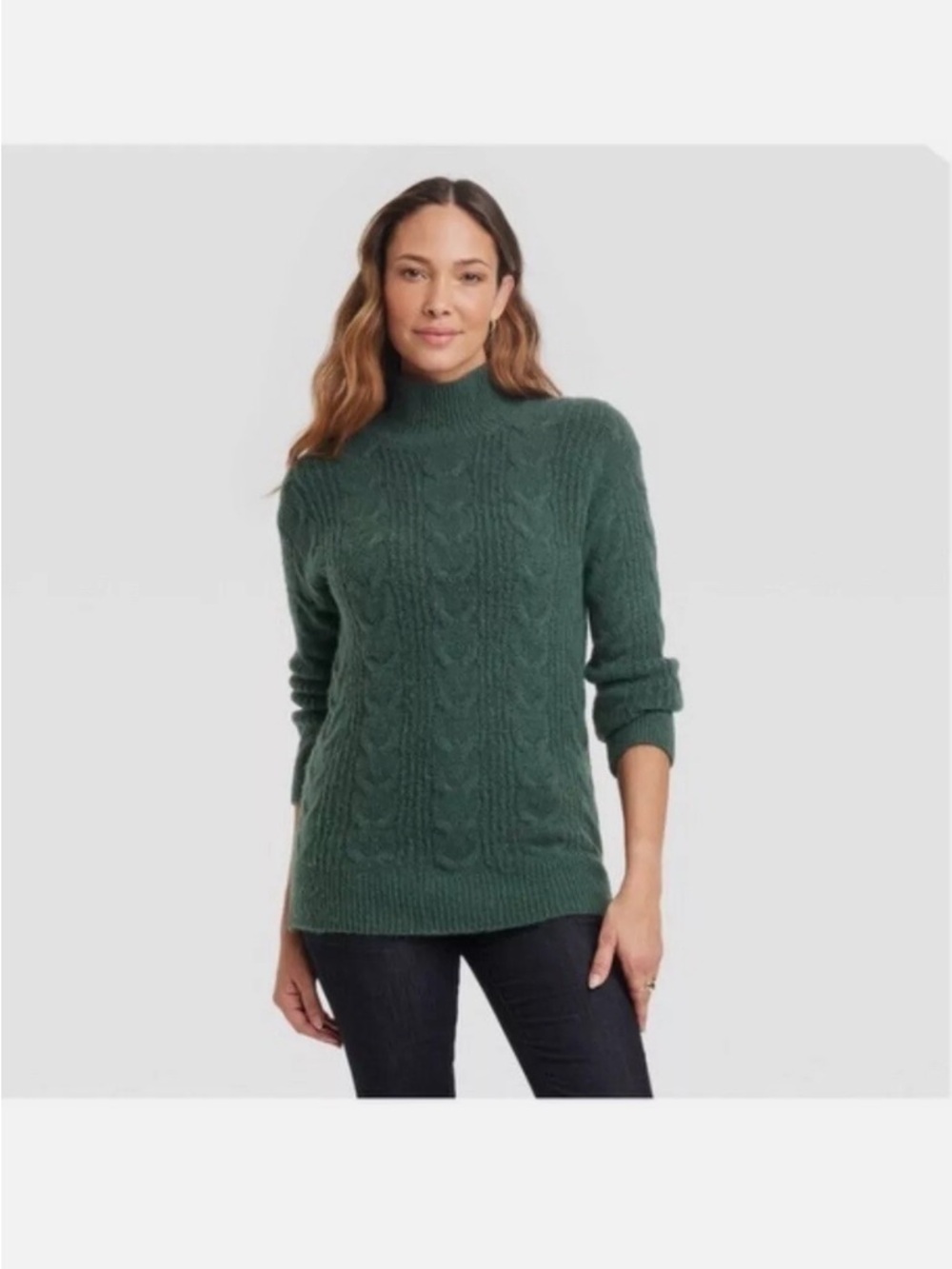 Knox Rose Dark Green Cable Knit Turtleneck Sweater